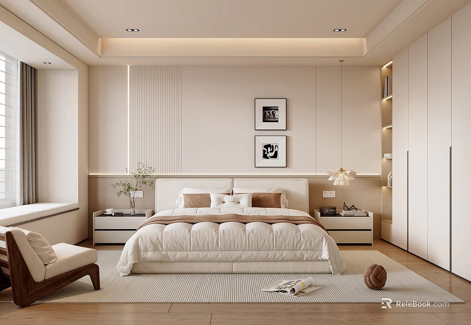 Modern Bedroom Interior With Large Bed Nightstands Framed Artworks Wooden Flooring And Rug 3d model 