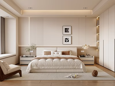 Modern Bedroom Interior With Large Bed Nightstands Framed Artworks Wooden Flooring And Rug 3d model