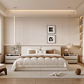 Modern Bedroom Interior With Large Bed Nightstands Framed Artworks Wooden Flooring And Rug