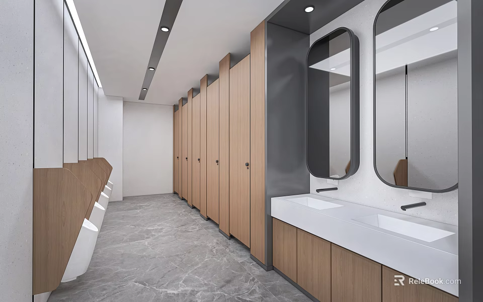 Modern Public Restroom With Wooden Stalls Sinks Mirrors Gray Flooring 3d model 