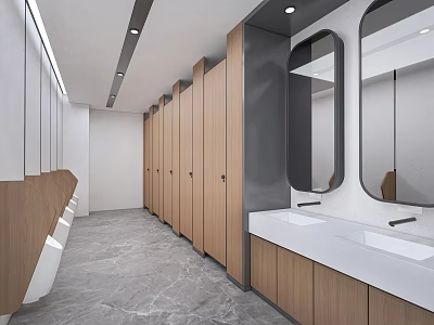 Modern Public Restroom With Wooden Stalls Sinks Mirrors Gray Flooring 3d model