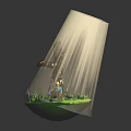 Game Character Sitting Near Signpost On Grassy Platform With Sunlight Beams