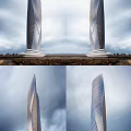 Modern Tall Office Building With Twisted Glass Facade And Sky Background