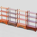 Four Wooden Multi Tiered Shelving Units with Drawers Various Wood Tones Decorative Edges for Home Storage