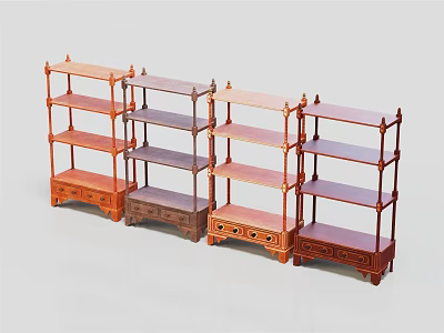 Four Wooden Multi Tiered Shelving Units with Drawers Various Wood Tones Decorative Edges for Home Storage 3d model
