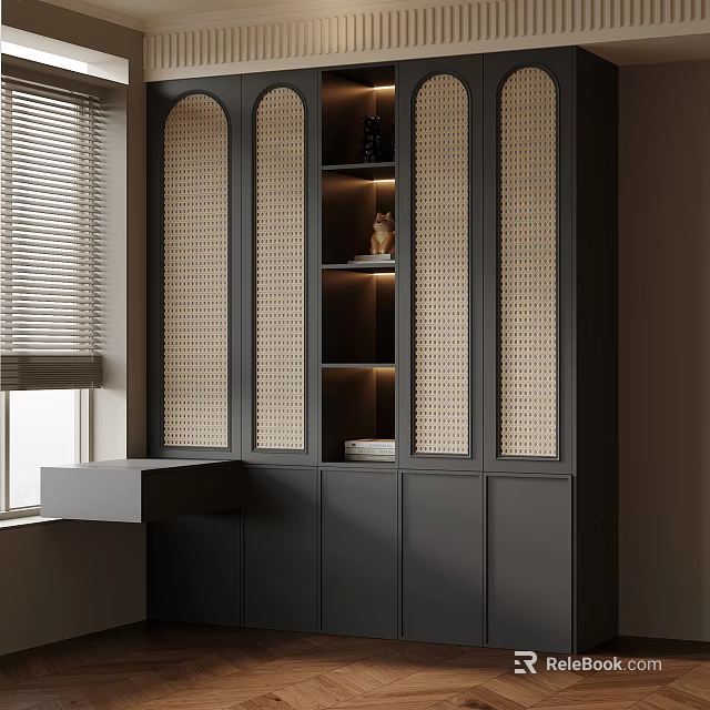 Modern Black Bookcase With Rattan Doors Open Shelves Lighting And Embedded Design 3d model 