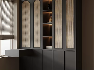 Modern Black Bookcase With Rattan Doors Open Shelves Lighting And Embedded Design 3d model