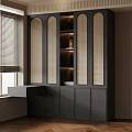 Modern Black Bookcase With Rattan Doors Open Shelves Lighting And Embedded Design