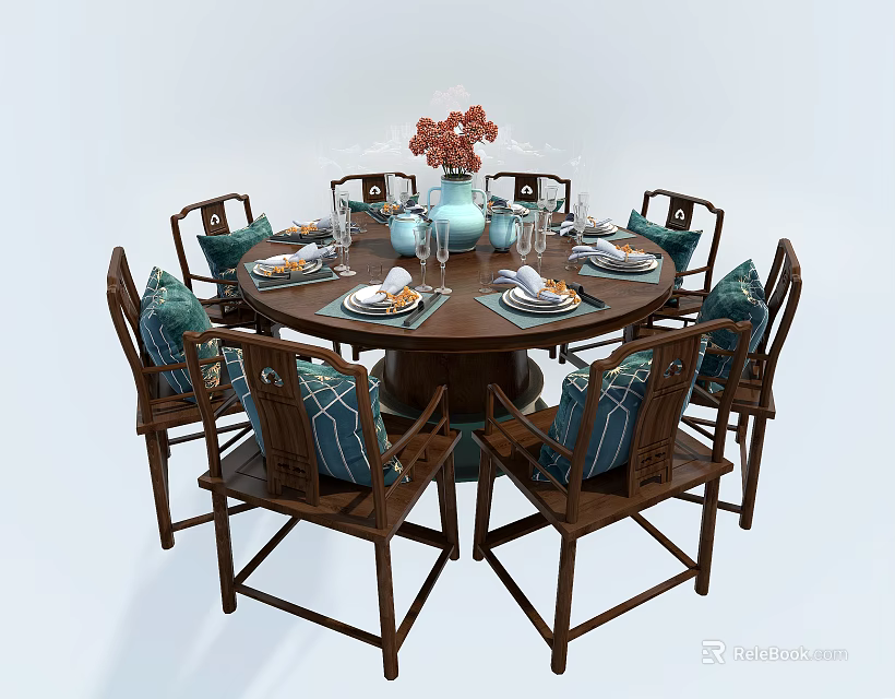 Round Chinese Dining Table Set with Wooden Chairs Blue Accents Tableware and Red Flower Vase 3d model 