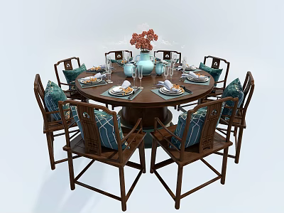 Round Chinese Dining Table Set with Wooden Chairs Blue Accents Tableware and Red Flower Vase 3d model