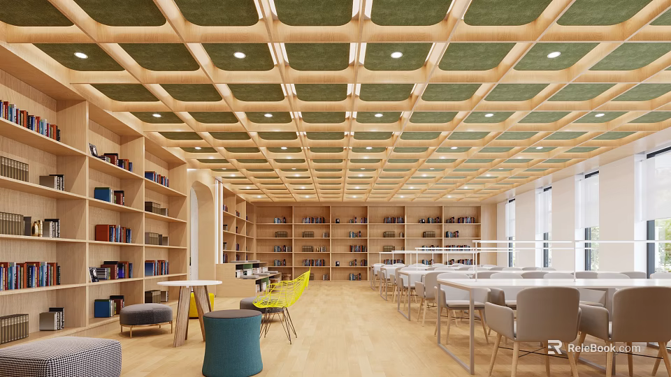 Modern Reading Room Interior With Wooden Bookshelves Green Acoustic Ceiling White Tables And Colorful Chairs 3d model 