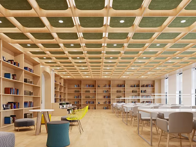 Modern Reading Room Interior With Wooden Bookshelves Green Acoustic Ceiling White Tables And Colorful Chairs 3d model