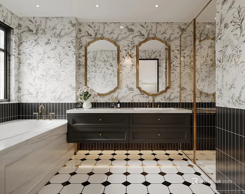 Elegant Bathroom Interior With Floral Wallpaper Gold Framed Oval Mirrors Black Vanity And Geometric Tiles 3d model 