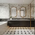 Elegant Bathroom Interior With Floral Wallpaper Gold Framed Oval Mirrors Black Vanity And Geometric Tiles