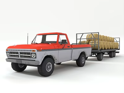 Red and Gray Vintage Truck Hauling Hay Bales on Trailer 3d model