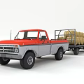 Red and Gray Vintage Truck Hauling Hay Bales on Trailer
