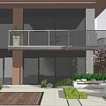 Modern Two Story Building Courtyard Garden Design With Wooden Deck Green Plants And Terraces
