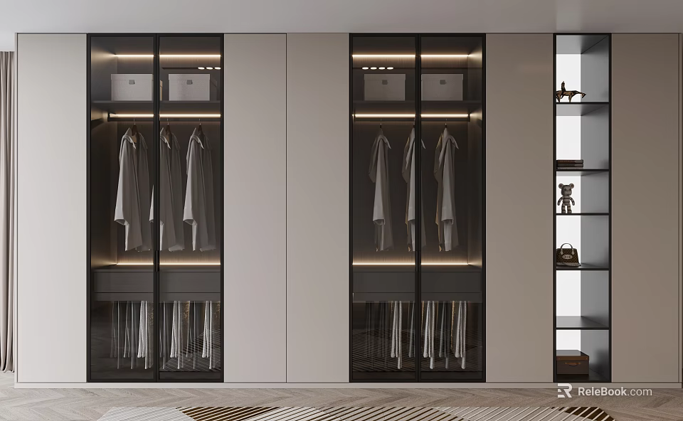 Modern Wardrobe Design With Glass Doors Built In Lighting And Hanging Clothes 3d model 