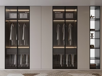 Modern Wardrobe Design With Glass Doors Built In Lighting And Hanging Clothes 3d model
