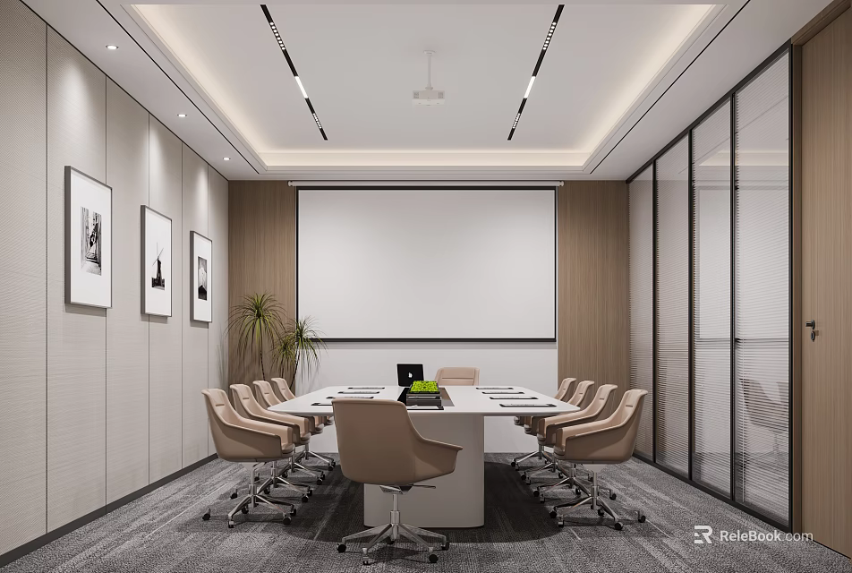 Modern Conference Room With Long Table Chairs White Projection Screen Framed Artworks And Potted Plant 3d model 