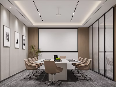 Modern Conference Room With Long Table Chairs White Projection Screen Framed Artworks And Potted Plant 3d model