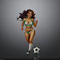 Active Female With Long Hair In Green Bikini Running With Soccer Ball On Gray Background