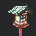 Japanese Style Garden Lantern With Green Roof Red Pillar And Stained Glass Panel