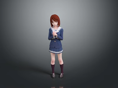 Young Woman In Blue White School Uniform With Brown Hair Holding Object Against Gray Background 3d model