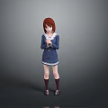 Young Woman In Blue White School Uniform With Brown Hair Holding Object Against Gray Background