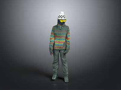 Character in Colorful Striped Sweater White Hat Yellow Goggles Dark Pants Boots Gray Background 3d model