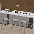Kitchen Island Dining Set With White Countertop Three Bar Stools Fruits Wooden Cabinets And Plants