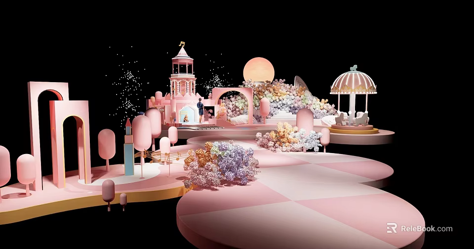 Enchanting Banquet Hall With Pink Theme Carousel Castle Tower Floral Decorations And Checkerboard Floor 3d model 