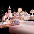 Enchanting Banquet Hall With Pink Theme Carousel Castle Tower Floral Decorations And Checkerboard Floor