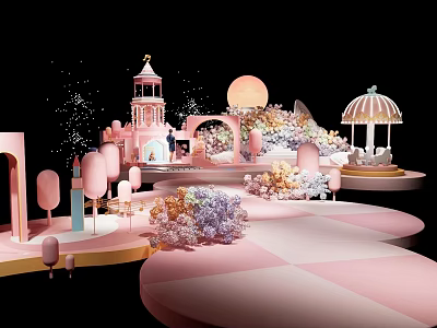 Enchanting Banquet Hall With Pink Theme Carousel Castle Tower Floral Decorations And Checkerboard Floor 3d model