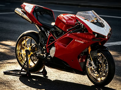 Red and White Ducati Motorcycle With Black Seat Golden Wheels On Sunlit Street 3d model