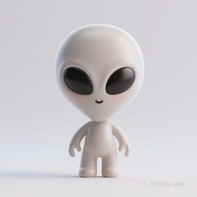 Cute White Alien Doll with Big Black Eyes and Smiling Face on Light Background 3d model 
