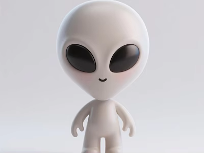 Cute White Alien Doll with Big Black Eyes and Smiling Face on Light Background 3d model
