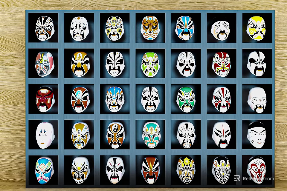 Colorful Traditional Chinese Peking Opera Mask Wall Hangings in Grid 3d model 