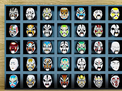 Colorful Traditional Chinese Peking Opera Mask Wall Hangings in Grid 3d model