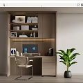 Modern Style Wooden Desk with Bookshelf Books Decorations Computer Desk Lamp Chair and Green Plant