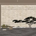 Zen Tea Room Interior With Grid Window Pine Tree Long Table Small Plants And Stones 3d model