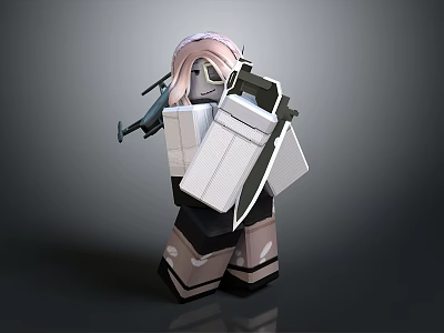 Lego Style Character In Armored Outfit With Pink Hair Weapon And Shield 3d model