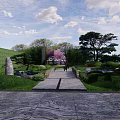 Elegant Garden Landscape With Symmetric Entrance Paved Courtyard And Tall Buildings