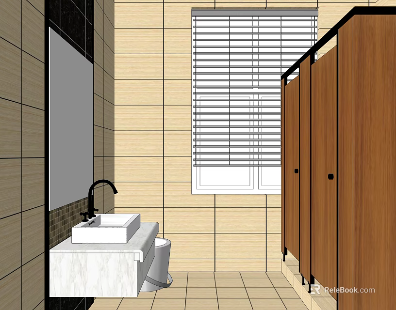 Clean Modern Public Restroom Interior With Sink Mirror Stalls Window Blinds And Tiled Walls 3d model 