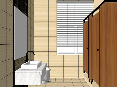 Clean Modern Public Restroom Interior With Sink Mirror Stalls Window Blinds And Tiled Walls 3d model