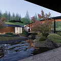 Tranquil Courtyard Garden Design With Pond Rocks Autumn Trees And Lush Greenery