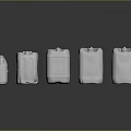 White Plastic Buckets of Various Sizes Arranged in a Row on Black Background