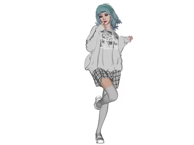 Woman With Teal Hair In Oversized Gray Sweater Graphic Print And Plaid Skirt Dancing Pose 3d model