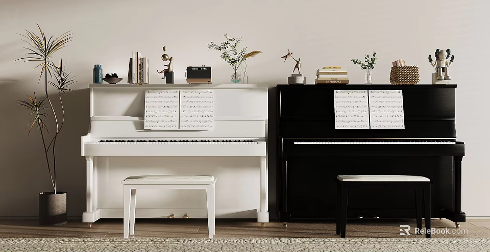 Elegant Musical Interior With White And Black Pianos Music Sheets Stools And Decorative Items 3d model 