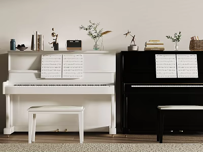 Elegant Musical Interior With White And Black Pianos Music Sheets Stools And Decorative Items 3d model
